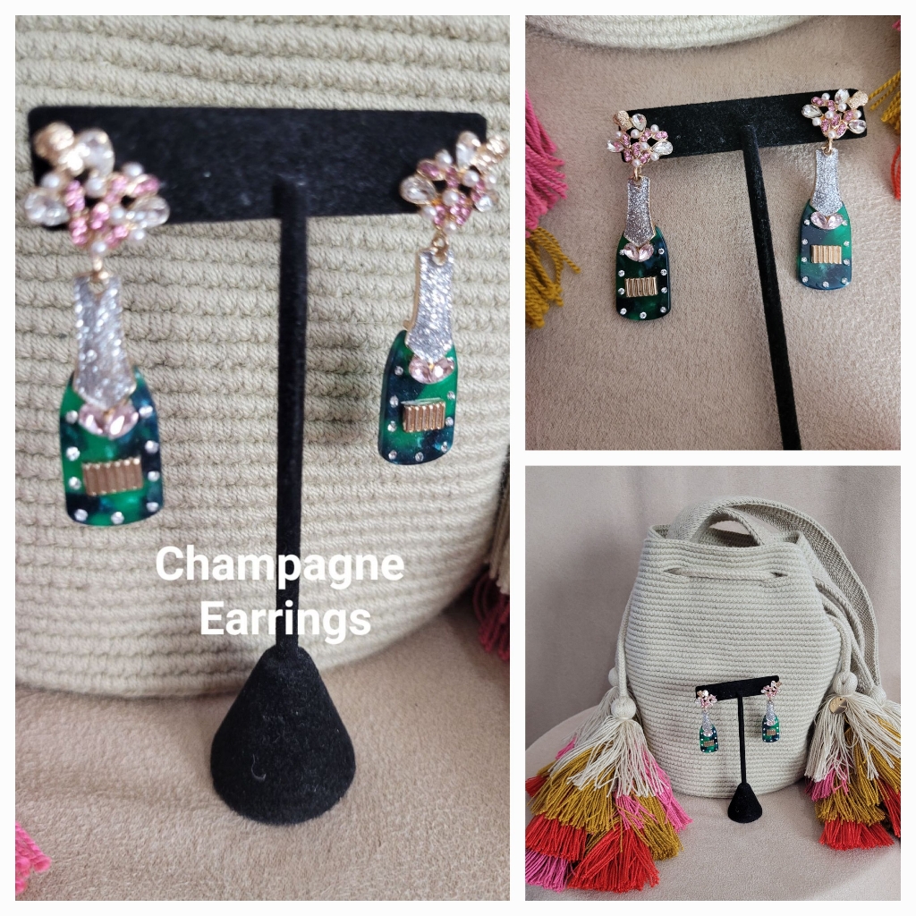 Champagne Earrings With Green And Silver Accents